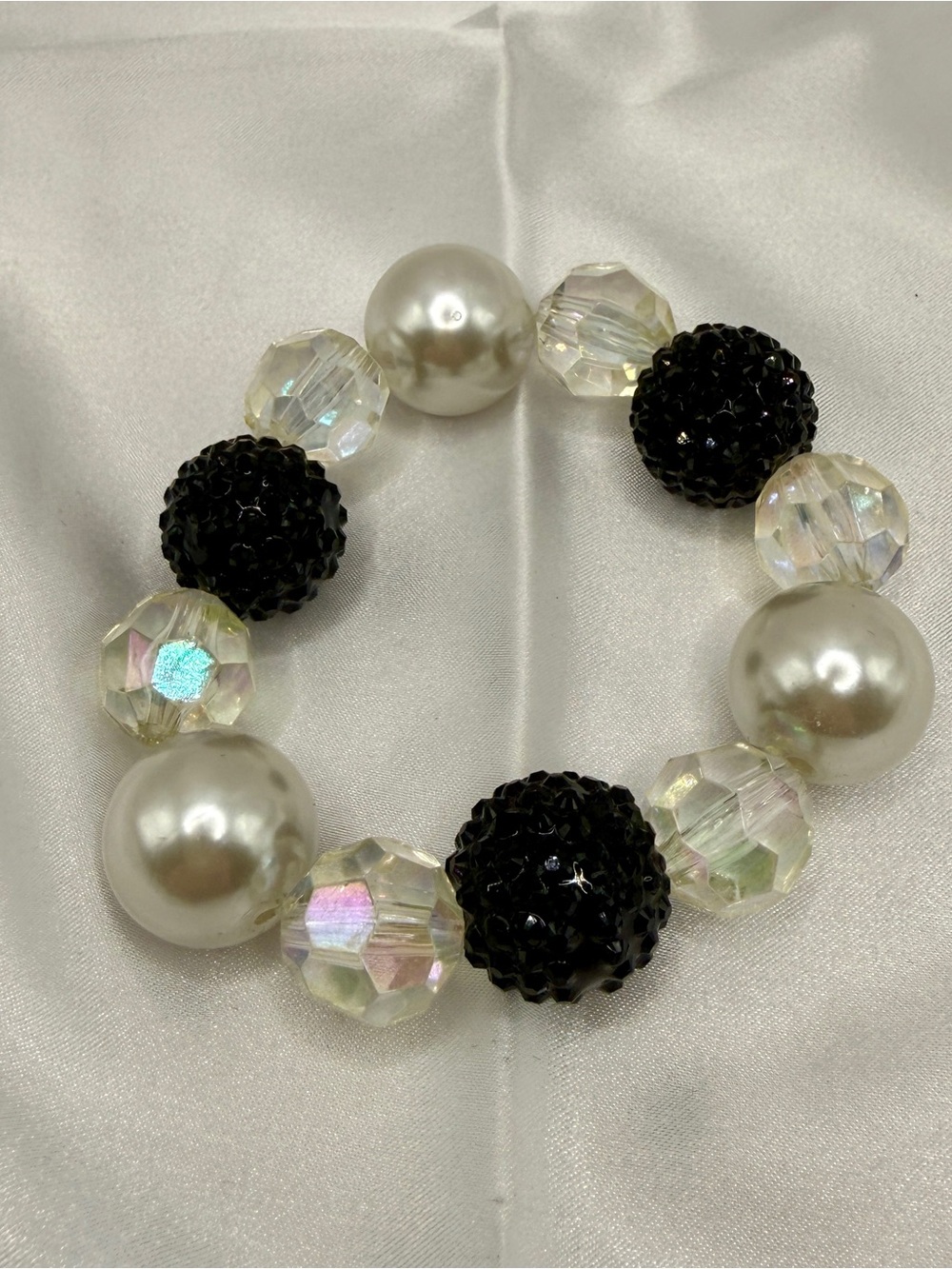 Handmade Black Pearl Crystal Beaded Stretch Bracelet Statement Jewelry